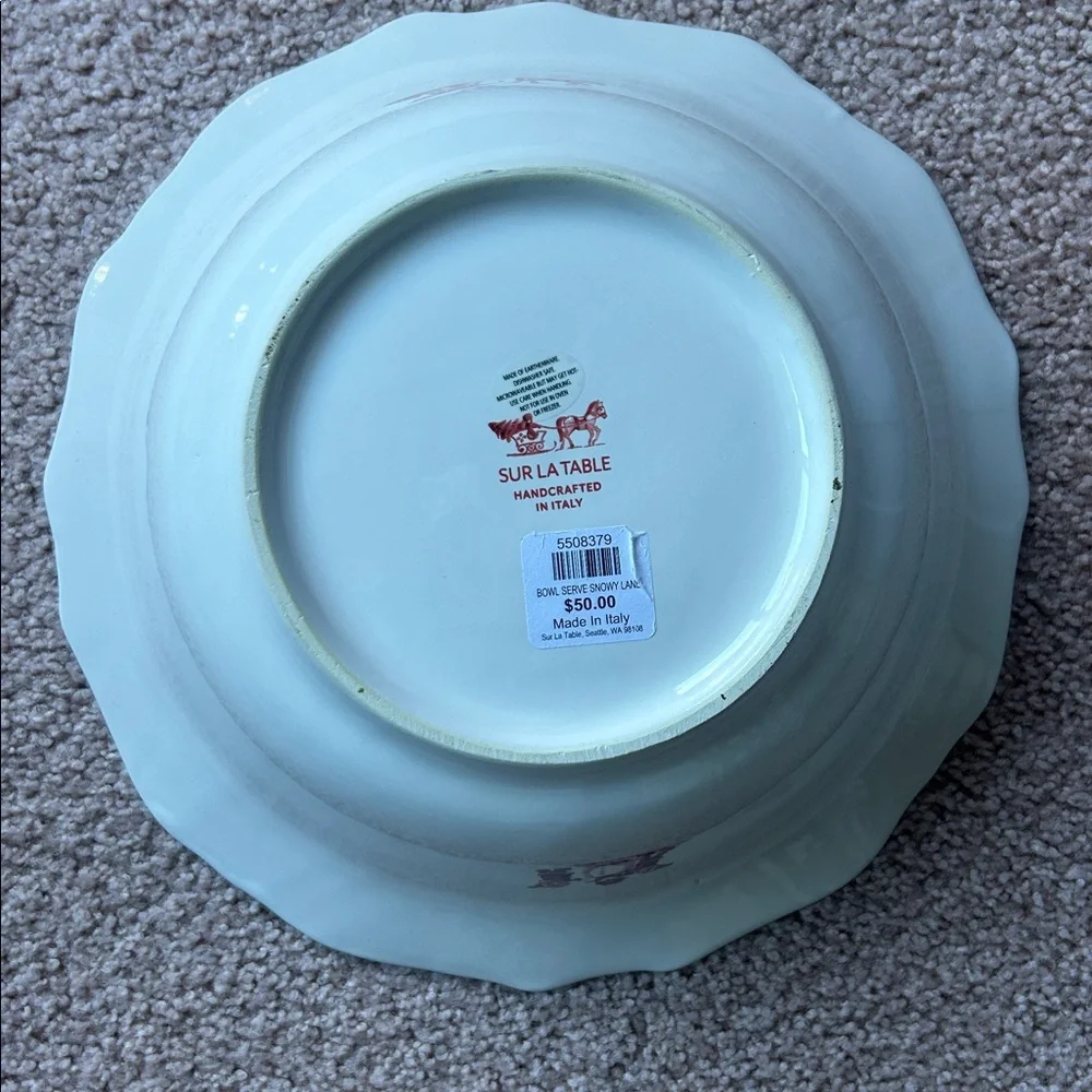 NWT. Sur La Table Italian Red and White Christmas Themed Large Serving Bowl.